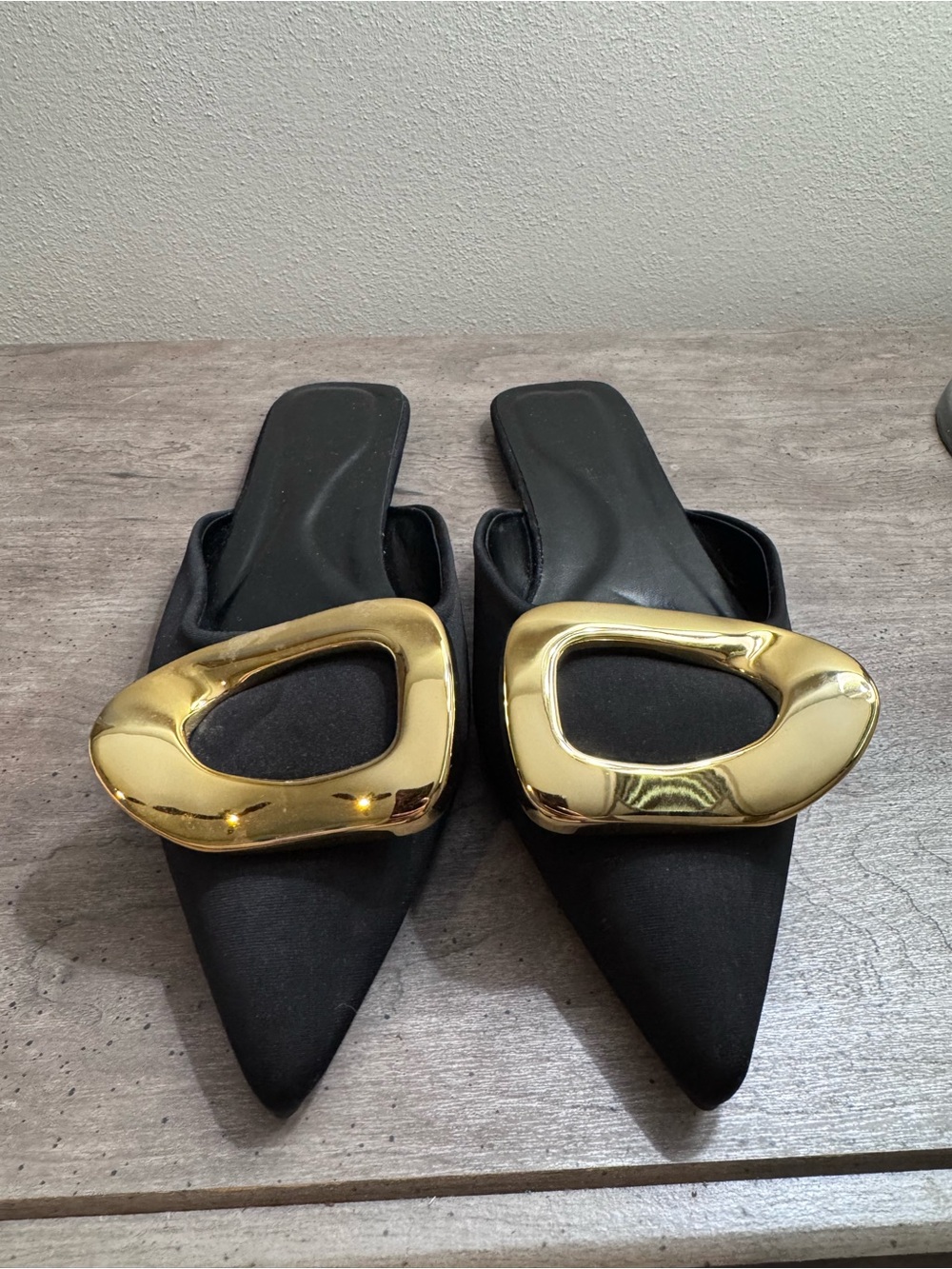 SHEIN Black Pointed Mules with Gold Accent Buckle